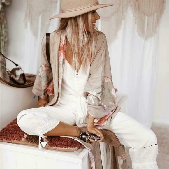 New Bohemian Floral Kimono Maxi Duster Top Robe - Picture 3 of 8